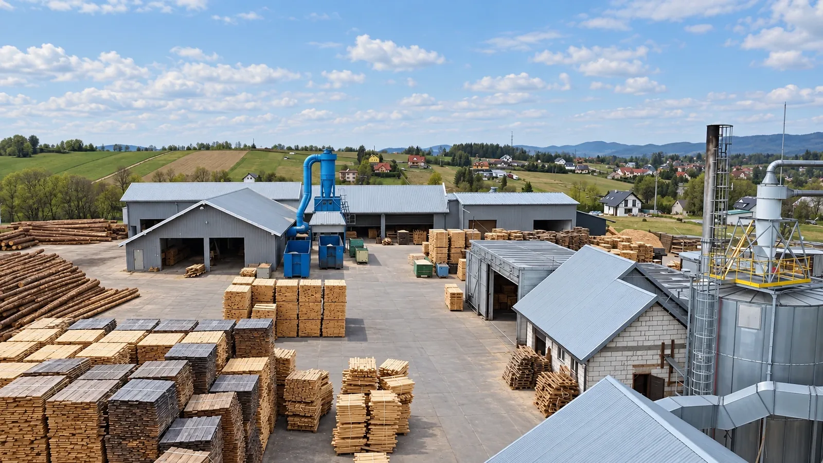 Zakład Fallwood w Zahutyniu – hale produkcyjne i silosy z lotu ptaka